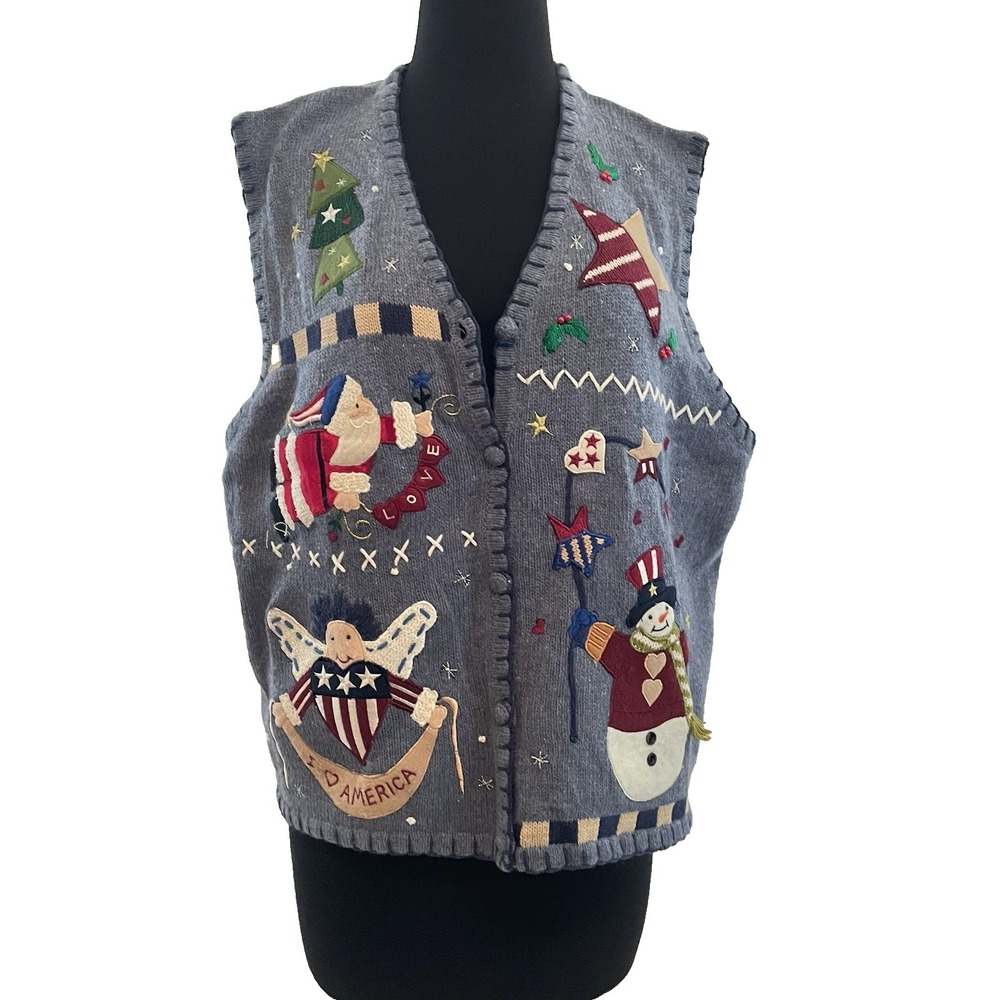 Segue Noel Christmas‎ Sweater Vest Women's XL Ugly Holiday Knit USA Patriotic